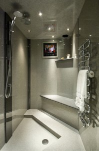 Large grey granite bathroom with tv, panels and built in seat.
