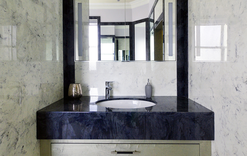 Wall Panels in Arabesque Marble Finish and Vanity Top in Glouchester Marble Finish